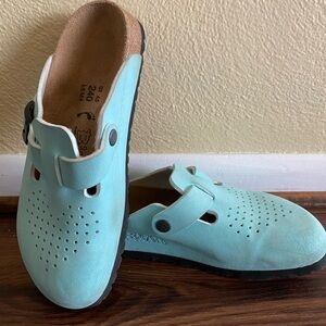 Birki's Light Aqua Comfort Clogs - Perforated Slip-Ons